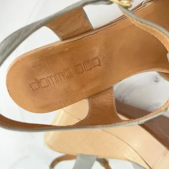 Pomme D'or Sandals Women's Size 39 8 Blue Gray Leather T-Strap Platform Wedge - Picture 14 of 16